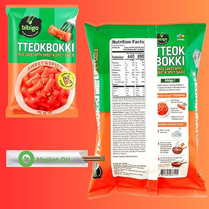 BIBIGO Tteokbokki Sweet & Spicy Rice Cakes Meal Kit 2 Pack (12.69 oz each) + 2 OHMARKET Chopsticks